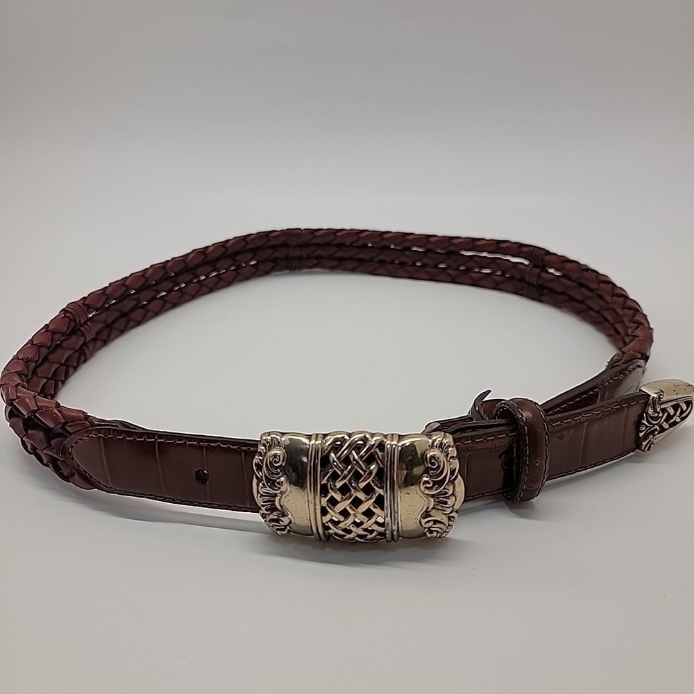 Vtg BRIGHTON 90s Triple Braided Leather Brown Belt Silver Lattice Buckle Sz M
